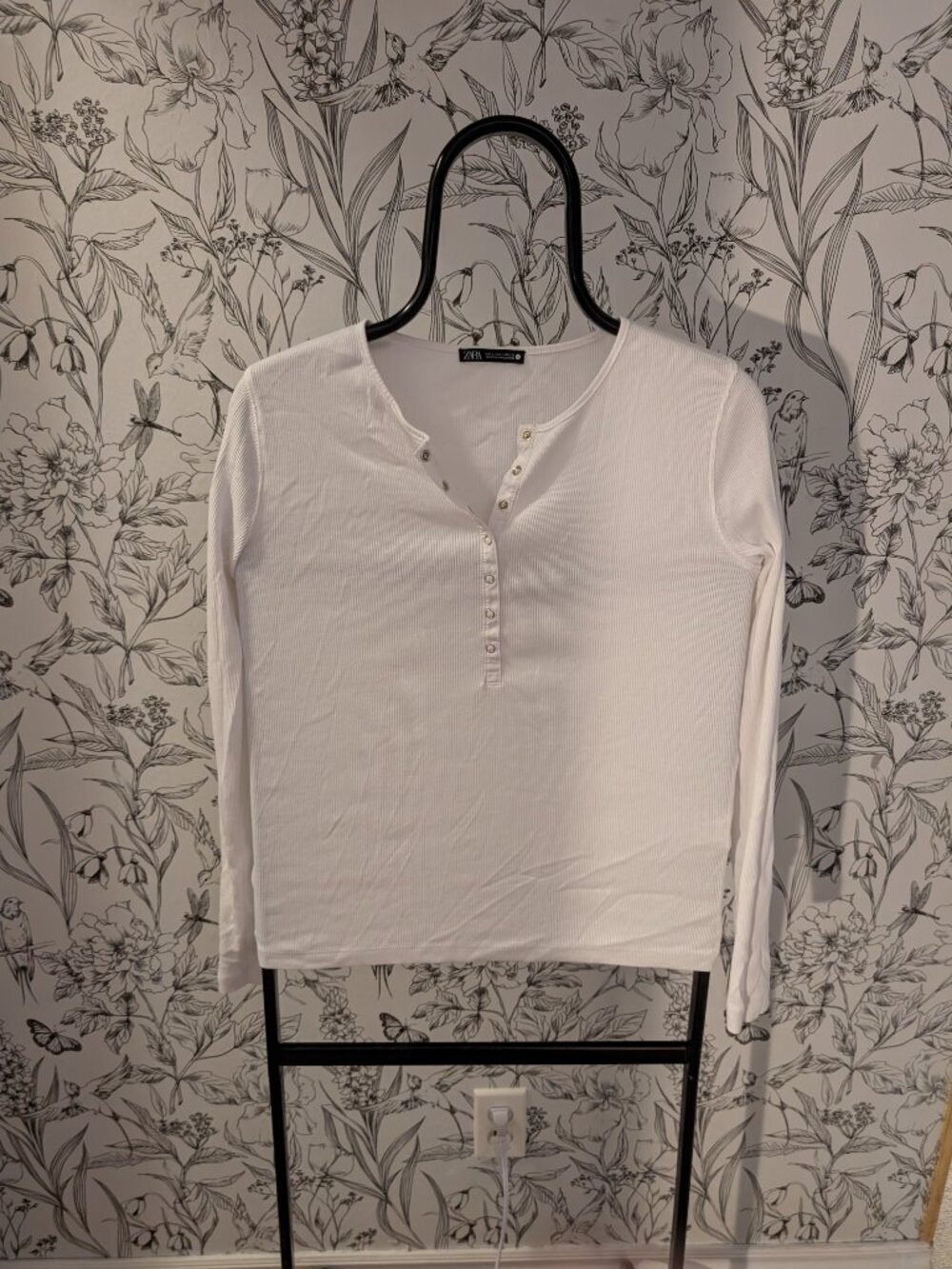 Zara White Ribbed Henley Long Sleeve Top Size Large